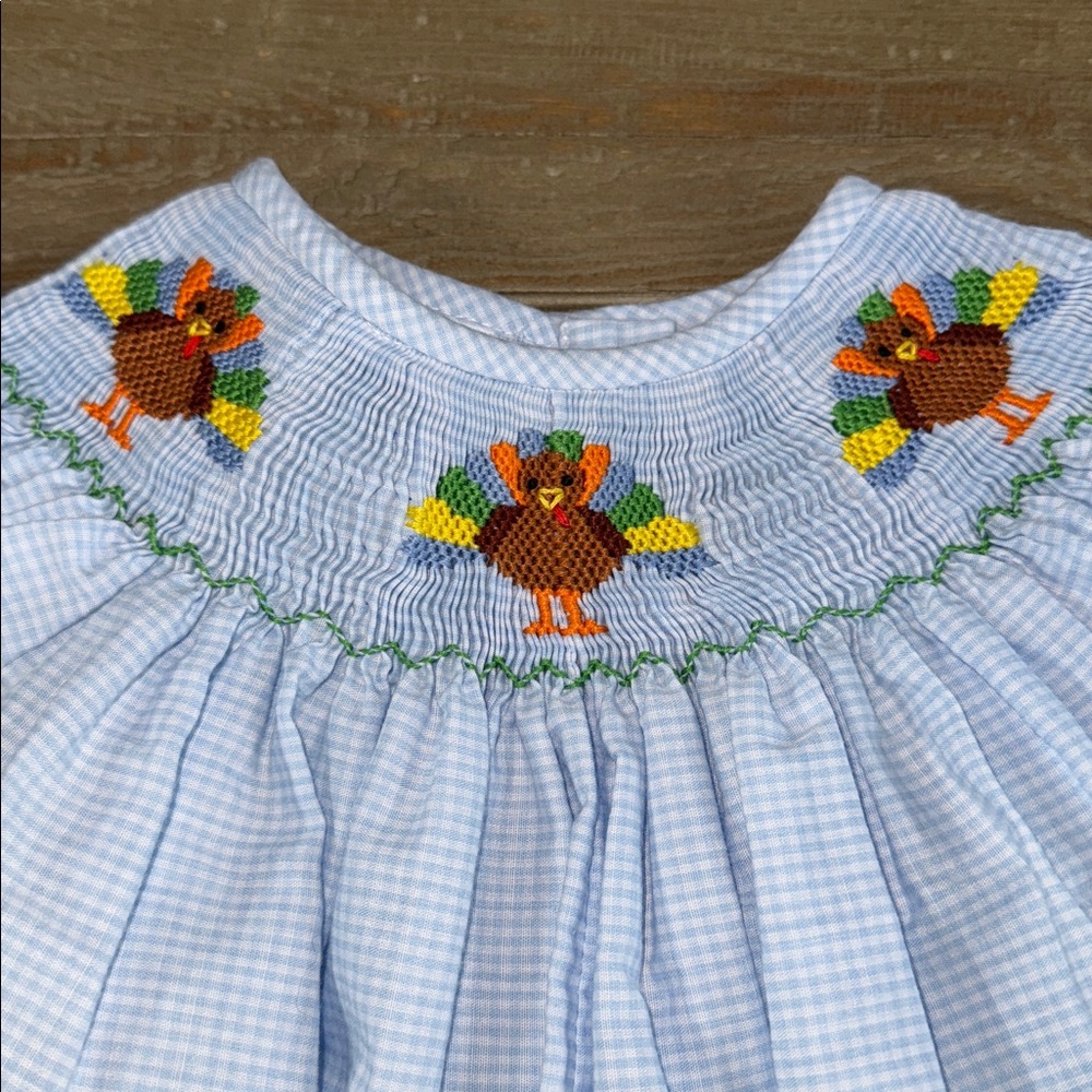 Southern Sunshine Girl Blue Gingham Gobble Gobble Smocked Long Bubble - 9M - Picture 4 of 11